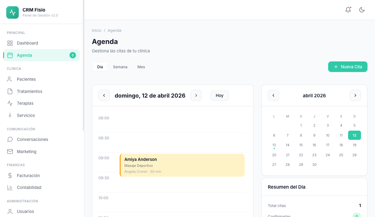Agenda de Fisionexa en vista de día, con calendario mensual y resumen de citas del día