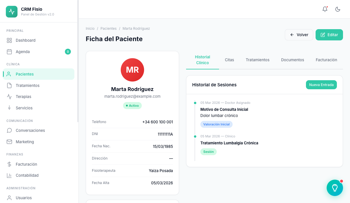 Ficha de paciente en Fisionexa con pestañas de historial clínico, citas, tratamientos y facturación
