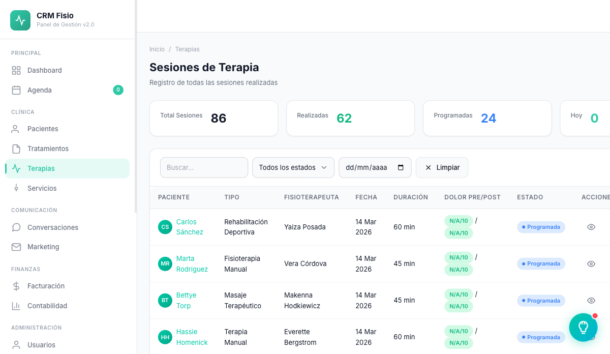 Módulo de terapias de Fisionexa con el listado de sesiones, su estado y el dolor antes y después de cada una